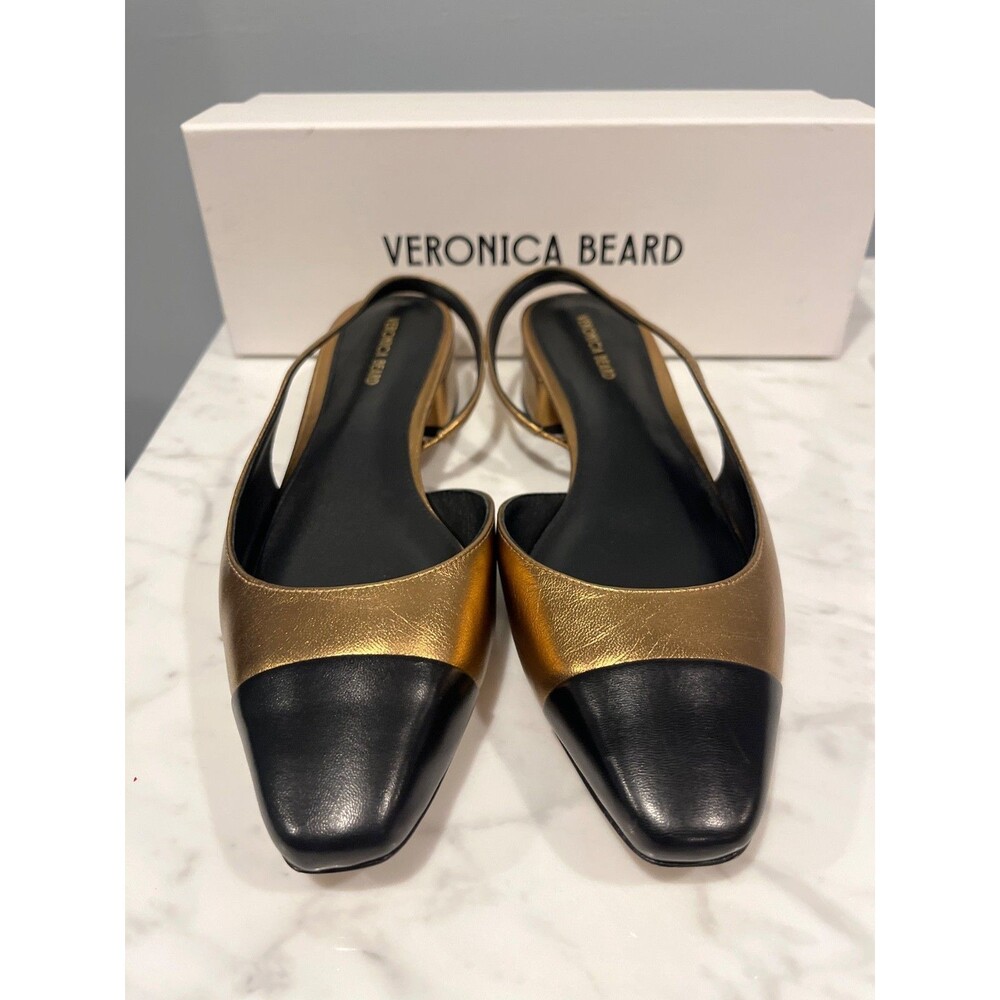 Veronica Beard Metallic Gold and Black Leather Slingback Block Heels Size 8 - Picture 2 of 5